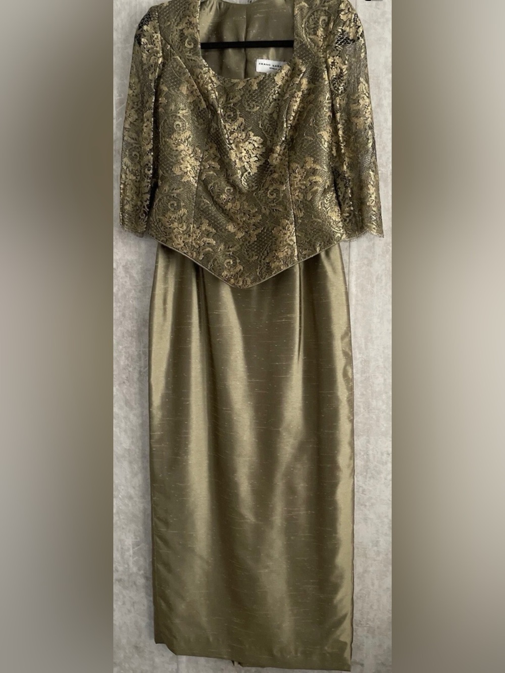 Franc Sarabia 2pc Olive/Gld Crepe Skirt/Lace CorsetTop Evening Gown Set Shawl S6